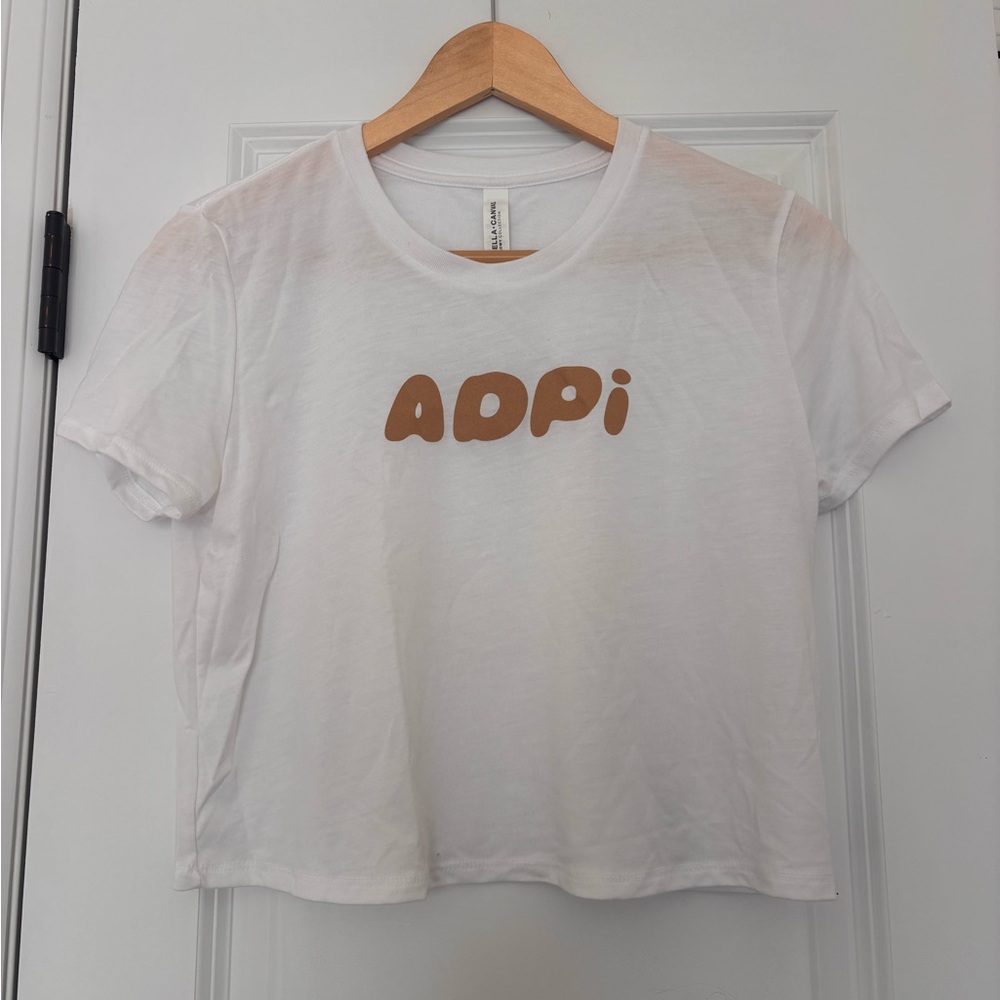 Alpha Delta Pi Sorority White Cropped T-Shirt Brown ADPi Logo Size Medium
